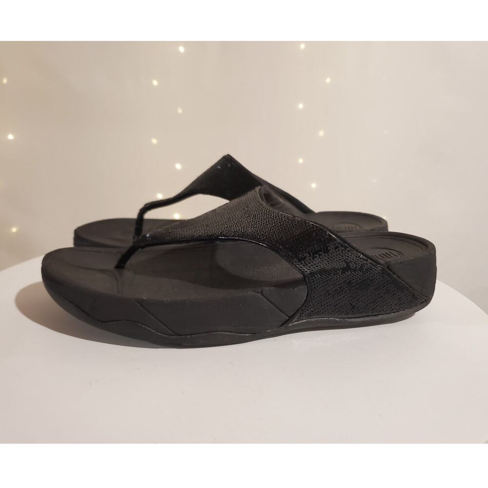 FitFlop Lulu Sequin Platform Post Thong Sandals Size 9M Black Beach Party Glam